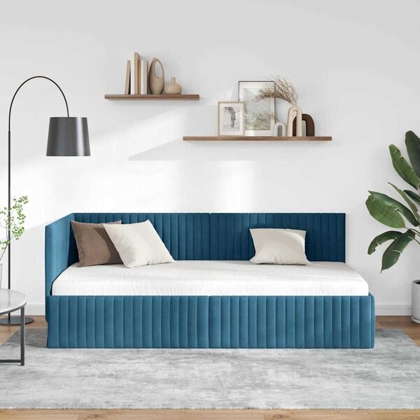 Kutni okvir kreveta s uzglavljem Plava 90 cm x 200 cm Baršun - Plava 90 x 200 cm