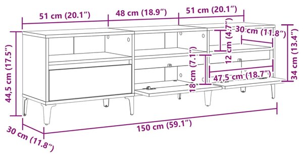TV ormar Crni hrast 150 x 30 x 45 cm Obrađeno drvo i čelik - Crni hrast 150 cm
