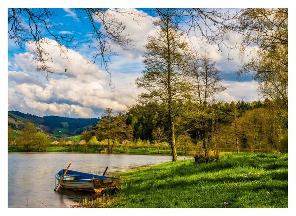 Staklena slika čamca uz jezero (70x50 cm)