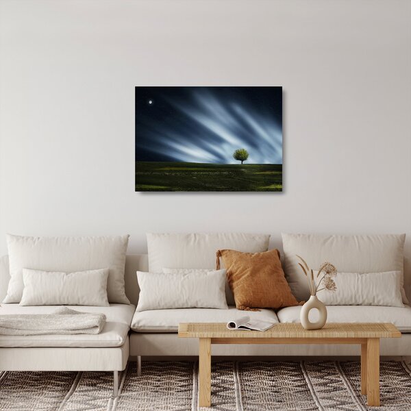 Staklena slika polarne svijetlosti iznad polja vrijeska (70x50 cm)