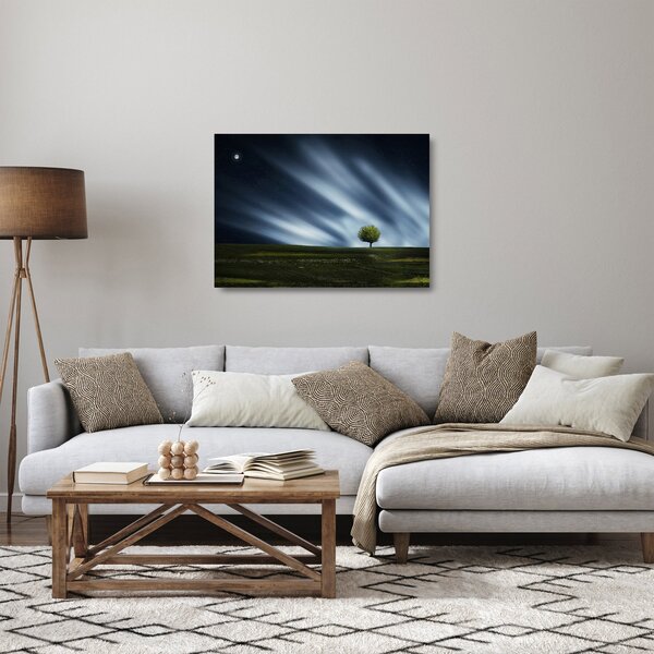 Staklena slika polarne svijetlosti iznad polja vrijeska (70x50 cm)