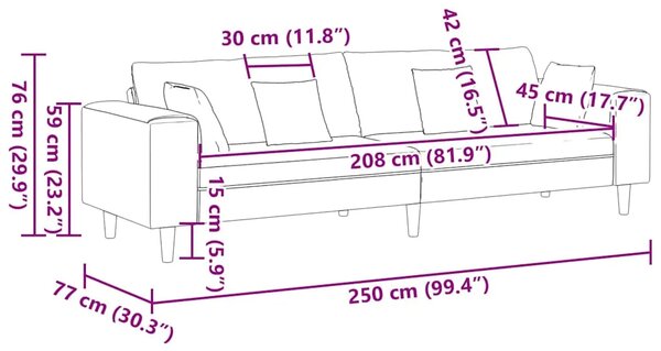 Sofa Vinska crvena 250 x 77 x 76 cm Baršun - boja crnog vina bez otomana