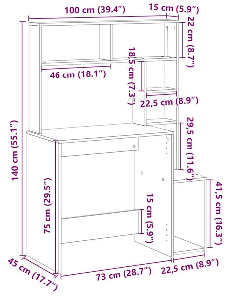 Radni stol s policama boja drva 100x45x140 cm konstruirano drvo - Staro drvo Staro drvo