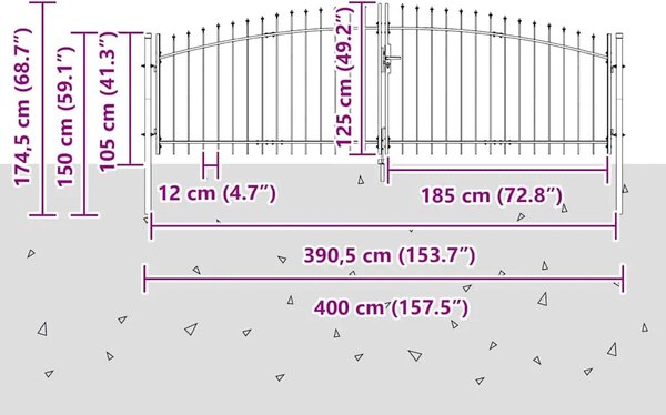 Dvoja vrata WOERDEN 400 x 174 5 cm Čelik Može se zaključati - 400 x 125 cm Siva
