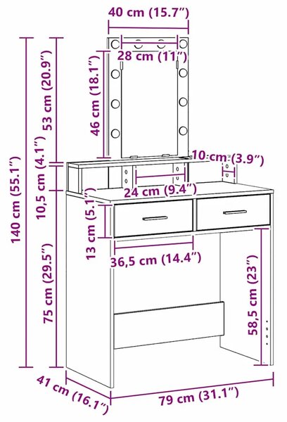 Toaletni stol Bijelo 79 x 41 x 140 cm Konstruirano drvo - 79 x 41 x 140 cm Bijelo