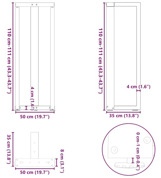 Noge za barski stol T-oblika 2 kom Crne 50x35x(110-111) cm Čelik - Prirodna 50 x 35 x (110-111) cm 2 1