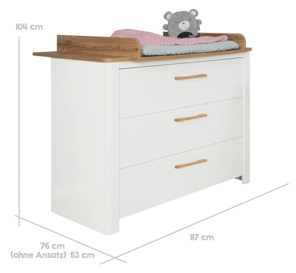 Bijela niska dječja komoda u dekoru hrasta s promjenjivim stolom 119x100 cm Ava – Roba