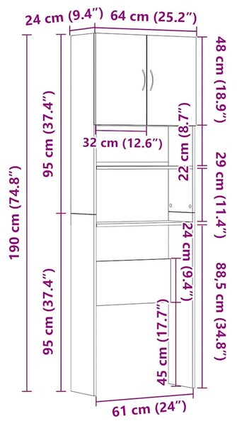 Ormarić za perilicu rublja boja betona 64x24x190 cm drveni - Beton siva 1 Beton siva