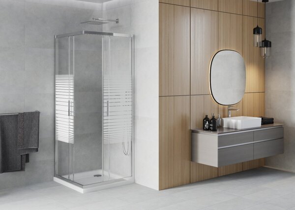 Mexen Rio kvadratna tuš kabina 80 x 80 cm, bijele pruge, krom + Flat tuš kada, bijela - 860-080-080-01-20-4010