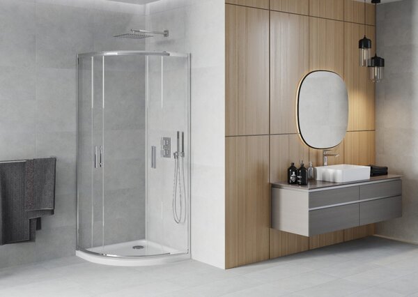 Mexen Rio polukružna tuš kabina 80 x 80 cm, prozirna, krom + Flat tuš kada, bijela - 863-080-080-01-00-4110