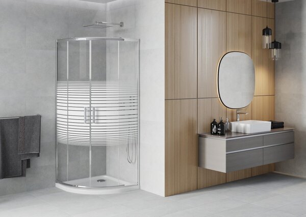 Mexen Rio polukružna tuš kabina 80 x 80 cm, bijele pruge, krom + plitica Flat, bijela - 863-080-080-01-20-4110