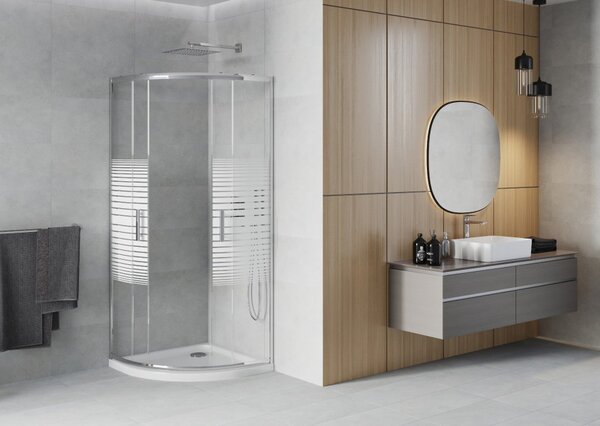 Mexen Rio polukružna tuš kabina 80 x 80 cm, bijele pruge, krom + plitica Flat, bijela - 863-080-080-01-20-4110