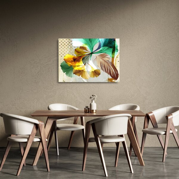 Staklena slika - Lišće s perjem (70x50 cm)