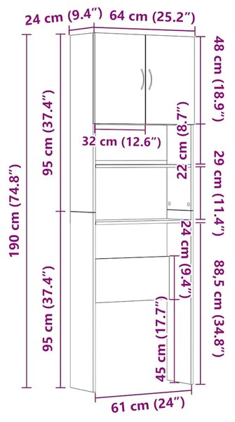 Ormarić za perilicu rublja boja hrasta 64x24x190 cm drveni - Sivi hrast sonoma 1 Sivi hrast sonoma