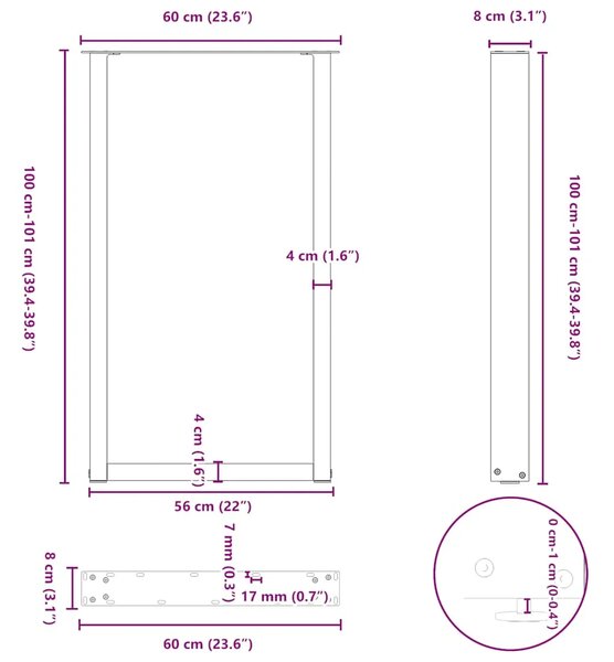 Noge za barski stol U-oblika 2 kom Bijele 60 x (100-101) cm Čelik - Bijela 60 x (100-101) cm 2 1
