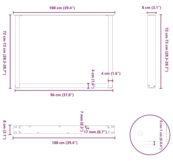 Noge za blagovaonski stol U-oblik 3 kom Crne 100 x (72-73) cm Čelik - Crna 100 x (72-73) cm 3 1