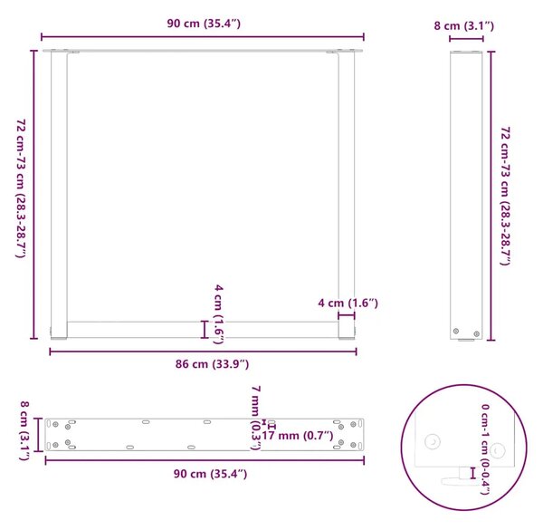 Noge za blagovaonski stol U-oblik 3 kom Crne 90 x (72-73) cm Čelik - Crna 90 x (72-73) cm 3 1