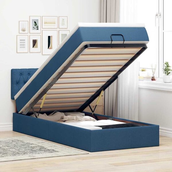Otoman okvir kreveta s madraca plavi 90x190cm od tkanine - Plava 90 x 190 cm Dizajn s gumbima Plava