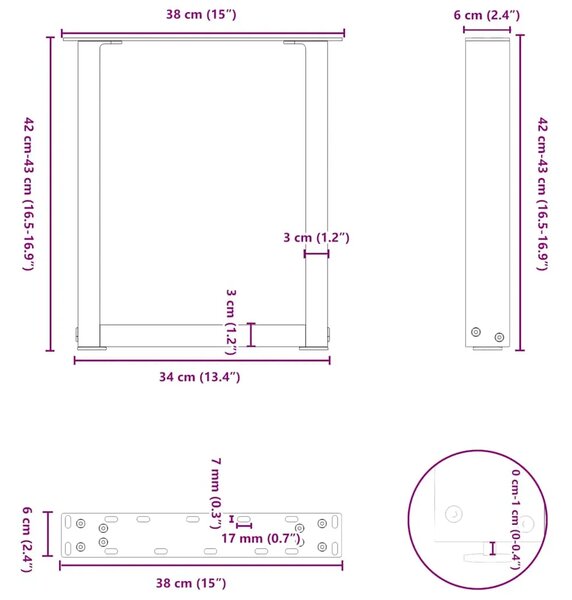 Noge za klub stolić U-oblik 2 kom Crne 38 x (42-43) cm Čelik - Crna 38 x (42-43) cm 2 1