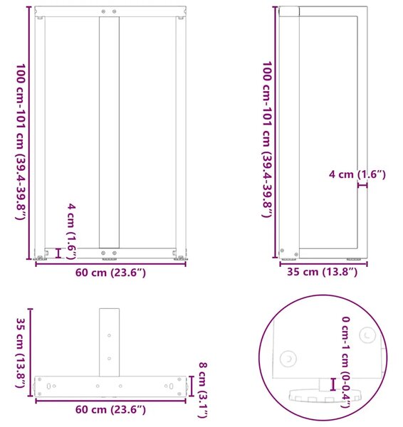 Noge za barski stol T-oblika 2 kom Crne 60x35x(100-101) cm Čelik - Crna 60 x 35 x (100-101) cm 2 1
