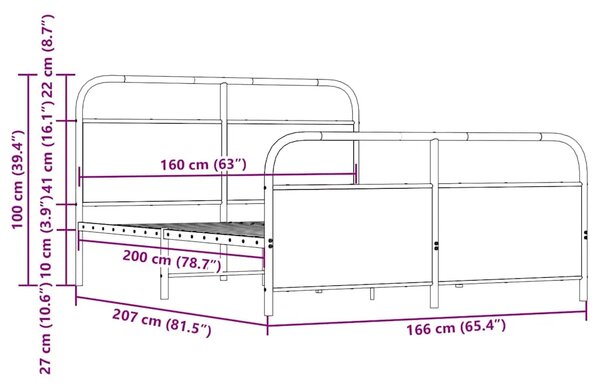 Metalni okvir kreveta bez madraca boja hrasta sonome 160x200 cm - sonoma hrast 160 x 200 cm s uzglavljem i podnožjem sonoma hras