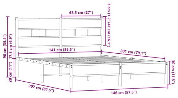Okvir kreveta bez madraca s uzglavljem boja hrasta 140x200 cm - Dimljeni hrast 140 x 200 cm s uzglavljem i niskim podnožjem Diml