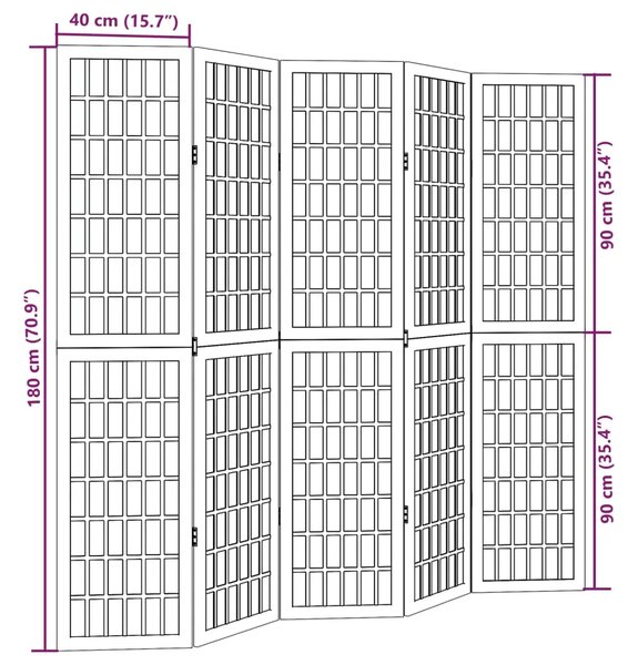 Paravan - Sobna pregrada s 5 panela bijela od masivnog drva paulovnije - 40 x 180 cm 1 5 40 x 180 cm