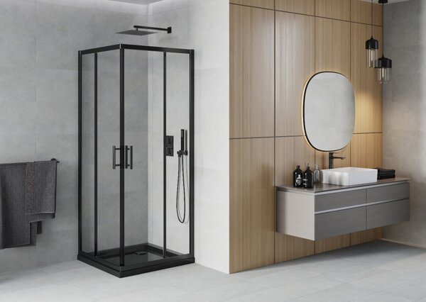 Mexen Rio četvrtasta tuš kabina 80 x 80 cm, prozirna, crna + tuš kada Flat, crna - 860-080-080-70-00-4070B