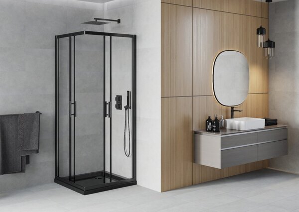 Mexen Rio četvrtasta tuš kabina 80 x 80 cm, prozirna, crna + tuš kada Flat, crna - 860-080-080-70-00-4070B