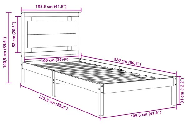 Dugi okvir kreveta bez madraca 100 x 220 cm masivno drvo - Prirodna 100 x 220 cm Prirodna 100 x 220 cm