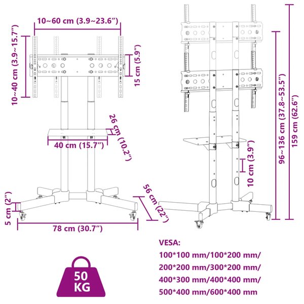 Pomični TV stalak za zaslon od 32-70 inča max. 600x400 mm 50 kg - 1 50 kg 50 kg