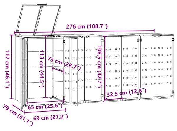 Spremište za 4 kante za otpad crno 276 x 79 x 117 cm čelično - Crna poklopac s plinskim podizanjem 4 1
