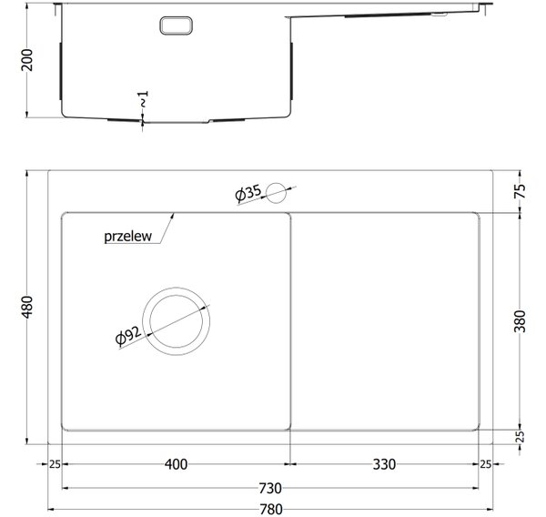 Mexen Exar čelični sudoper s 1 odjeljkom s ocjednom pločom, desni 780 x 480 mm, inox - 6434781010P-01