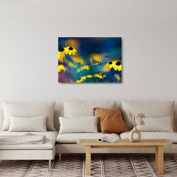 Staklena slika - Žuti leptir s cvijećem (70x50 cm)