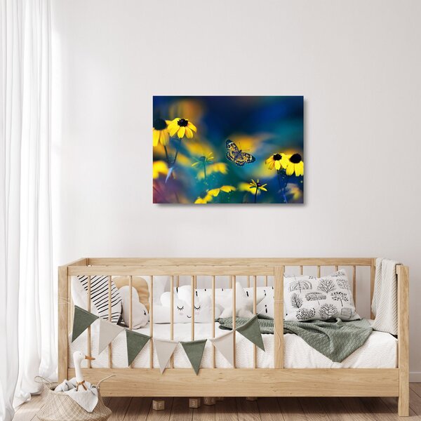 Staklena slika - Žuti leptir s cvijećem (70x50 cm)