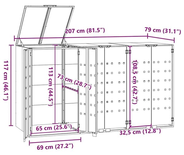 Spremište za 3 kante za otpad crno 207 x 79 x 117 cm čelično - Crna poklopac s plinskim podizanjem 3 1