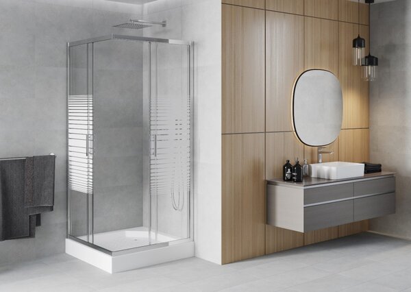 Mexen Rio kvadratna tuš kabina 90 x 90 cm, bijele pruge, krom + tuš kada, bijela - 860-090-090-01-20-4510