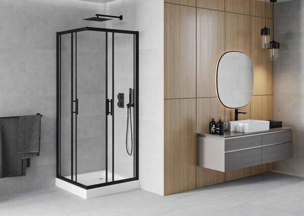 Mexen Rio četvrtasta tuš kabina 80 x 80 cm, prozirna, crna + tuš kada, bijela - 860-080-080-70-00-4510