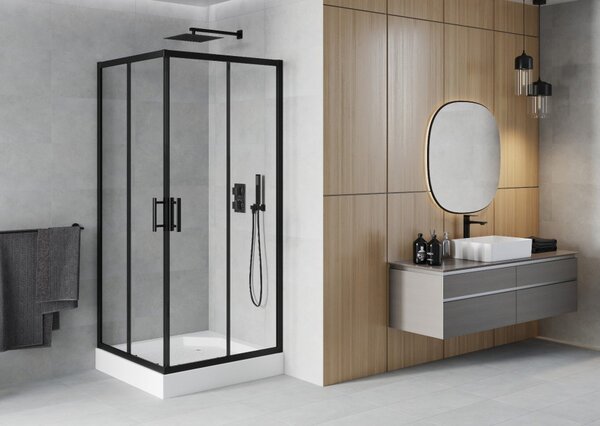 Mexen Rio kvadratna tuš kabina 90 x 90 cm, transparentna, crna + tuš kada, bijela - 860-090-090-70-00-4510