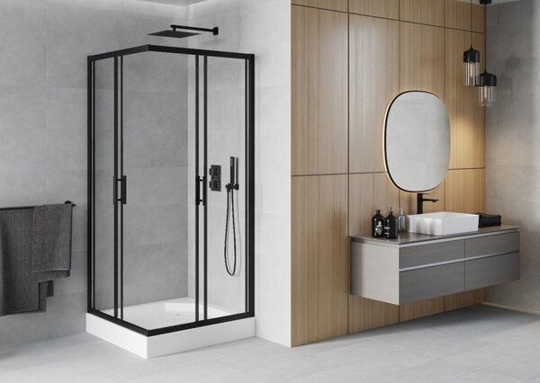 Mexen Rio kvadratna tuš kabina 90 x 90 cm, transparentna, crna + tuš kada, bijela - 860-090-090-70-00-4510