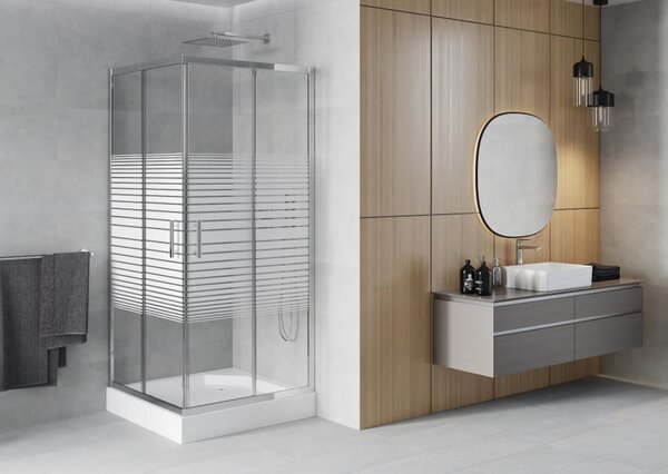 Mexen Rio kvadratna tuš kabina 90 x 90 cm, bijele pruge, krom + tuš kada, bijela - 860-090-090-01-20-4510