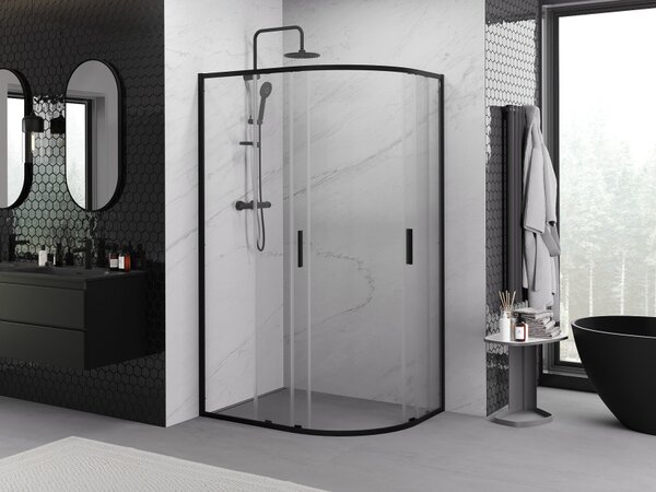 Mexen Exo polukružna asimetrična klizna tuš kabina 90 x 80 cm, prozirna, crna - 8132-090-080-70-00