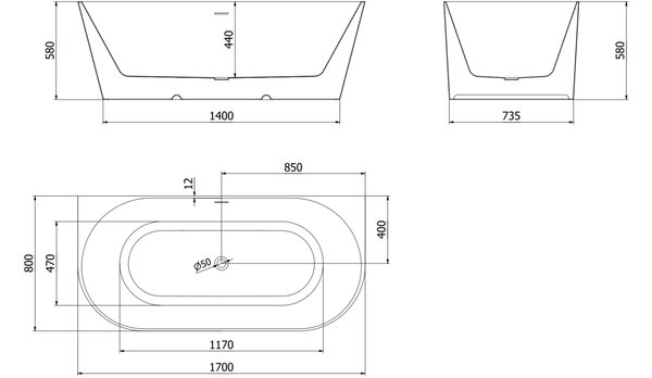 Mexen Oval Slim samostojeća zidna kada 170 x 80 cm, bijela, bijeli preljev - 52661708000-20