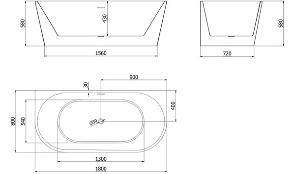 Mexen Oval slobodno stojeća ovalna kada 180 x 80 cm, bijela, crni preljev - 52671808000-70