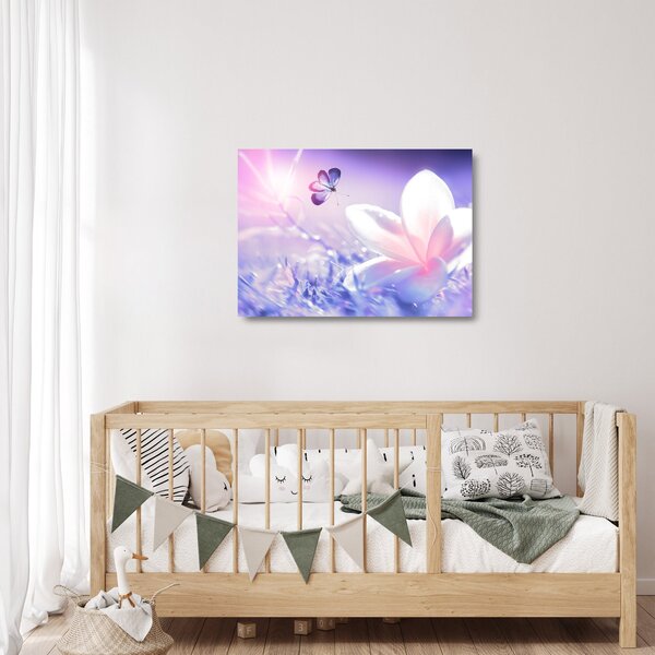 Staklena slika - Leptir slijeće na cvijet (70x50 cm)