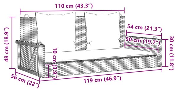 Klupa za ljuljanje s jastucima crna 119x56x48 cm poli ratan - Crna 1 Da 1