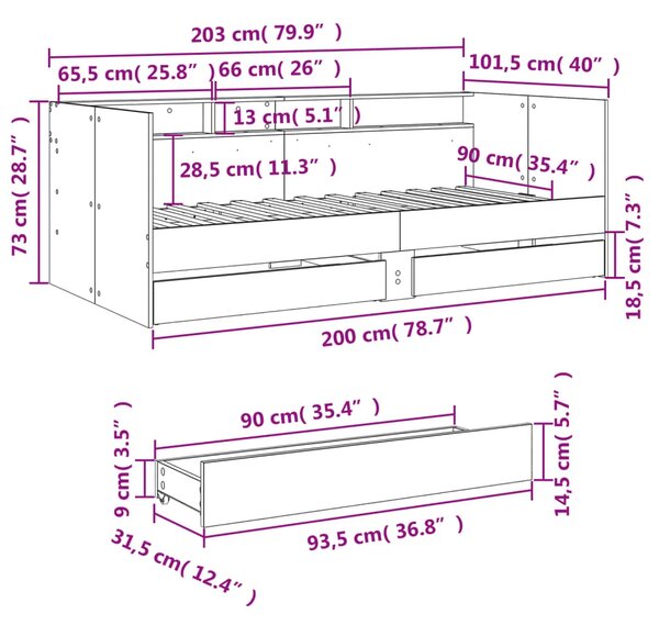 Dnevni krevet s ladicama bez madraca boja hrasta 90x200 cm - Dimljeni hrast 90 x 200 cm Dimljeni hrast 90 x 200 cm