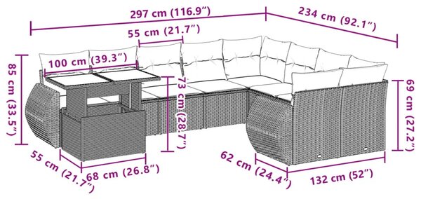 Vrtna garnitura - 10-dijelni set vrtnih sofa s jastucima crni od poliratana - Crna i krem 1 Crna i krem