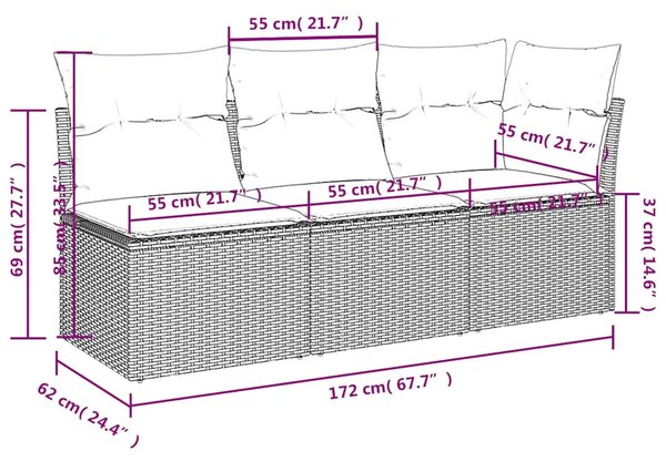 Vrtna sofa s jastucima za 3 osobe crna poliratan - Crna 1 kutna + 2x srednja Crna