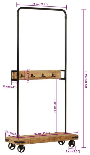 Stalak za odjeću s kotačima 90x35x190 cm drvo manga i željezo